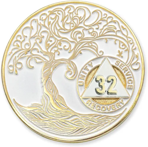 Vista 84 de 1 año Sobriety Mint Twisted Tree of Life Medallón de recuperación AA chapado en oro, chip/ficha - negro