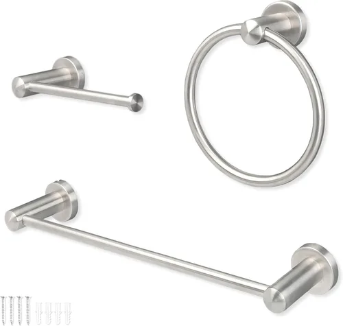 Vista 10 de Ilyapa Juego de accesorios de baño negro, juego de 3 piezas para montaje en la pared, barra para toallas, soporte para papel higiénico, anillo