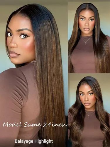 Vista 5 de UNICE Peluca balayage marrón con encaje frontal de 13 x 4 pulgadas, cabello humano Yaki lacio, pretodo, sin pegamento, precortadas, nudos
