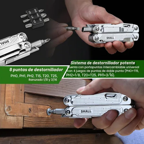 Vista 4 de SHALL Multiherramienta, alicates multiherramienta 18 en 1, cuchillo de bolsillo multiherramienta de acero inoxidable con broca de destornillador