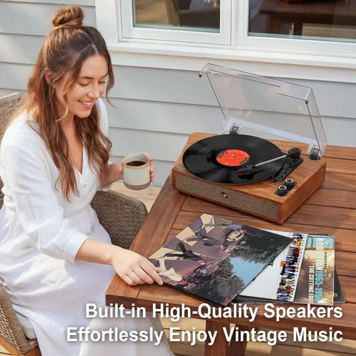 Vista 9 de Tocadiscos de vinilo con altavoces externos duales, tocadiscos Bluetooth vintage de 3 velocidades con altavoces estéreo, reproductor LP accionado