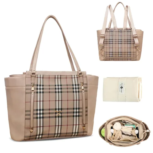 Vista 11 de miss fong Bolso de pañales de cuero con diseño a cuadros, mochila grande para mamá, bolsa hospitalaria de gran capacidad, 12 bolsillos, bolso