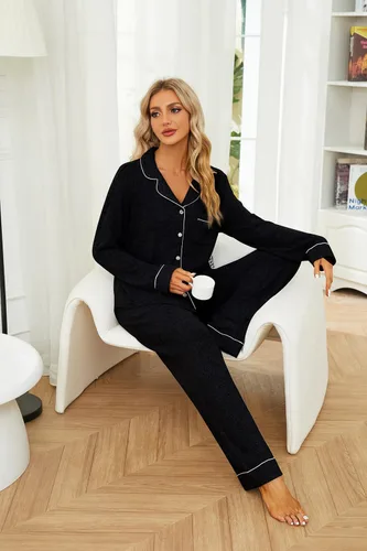 Vista 5 de HEARTNICE Conjuntos de pijama súper suaves para mujer, cómodos conjuntos a juego para mujer, con botones, manga larga, ropa de dormir de 2 piezas