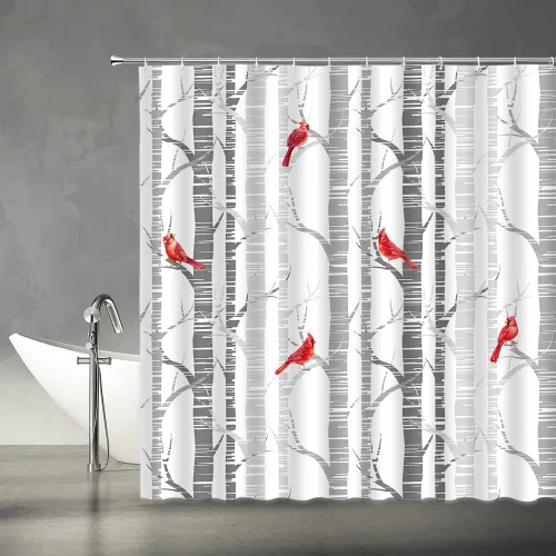 Vista 2 de Cortina de ducha con diseño de pájaro rojo de abedul, bosque gris y blanco, para invierno, 70 pulgadas de ancho x 70 pulgadas de alto