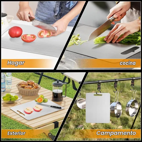 Vista 3 de Juego de 3 tablas de cortar de titanio, 3 tablas de cortar de acero inoxidable, tablas de cortar antiadherentes de doble cara de grado alimenticio