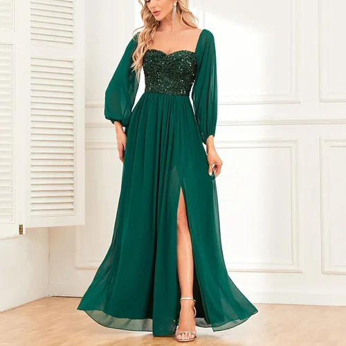 Vista 2 de Vestido bohemio para mujer, Brillante, Vestidos Fiesta cóctel, lentejuelas, fluido, largo, midi, cintura fruncida
