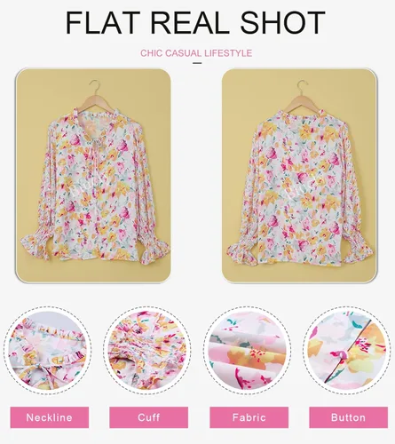 Vista 5 de Biucly - Camisas sueltas con cuello en V con estampado floral y manga larga para mujer, estilo bohemio