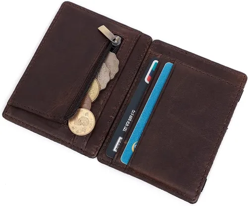 Vista 2 de Hombres RFID bloqueo delgado minimalista magia cartera tarjeta caso con bolsillo moneda genuino caballo cuero titular de la tarjeta Café-k104