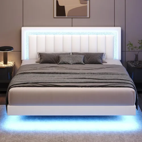 Vista 16 de HOMBCK Base de cama flotante individual con luces LED inteligentes, cama de plataforma tapizada de piel sintética con cabecera de diamante, no Negro