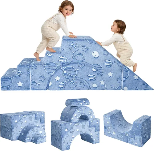 Vista 15 de MeMoreCool Sofá infantil con tobogán y escalera, sofá de espuma convertible Azul marino profundo (sólido)
