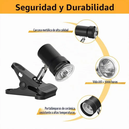 Vista 3 de Lámpara de calor para reptiles con abrazadera giratoria de 360° con bombilla de calor UVA UVB de 50 W, lámpara de calefacción de luz solar simulada