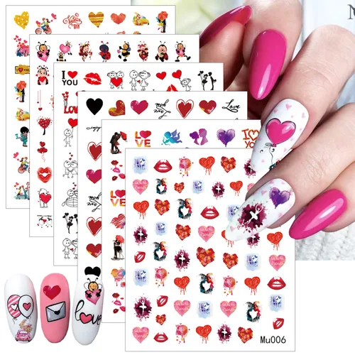Vista 12 de 10 hojas de calcomanías de arte de uñas para el día de San Valentín, calcomanías de labios sexys 3D, holográficas de corazón, autoadhesivas, diseño