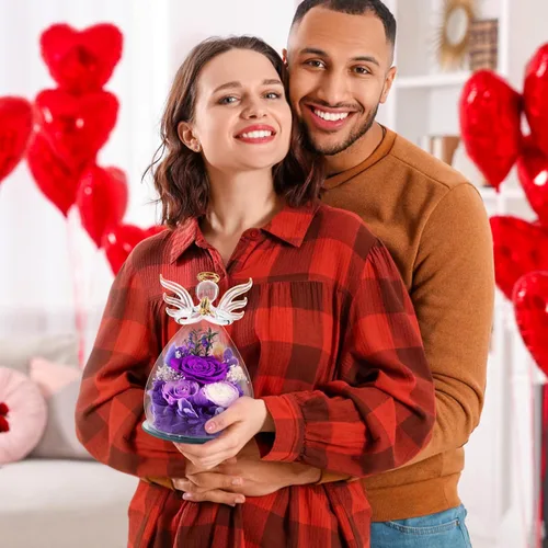 Vista 4 de Regalos para mamá, regalos de cumpleaños para mujeres, rosa preservada para siempre, flor en cristal, figuras de ángel, flores frescas para entrega