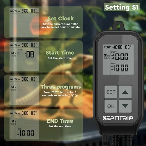 Vista 4 de REPTITRIP Termostato de reptil, temporizador de luz para control de temperatura y iluminación, termostato temporizador día-noche con termómetro