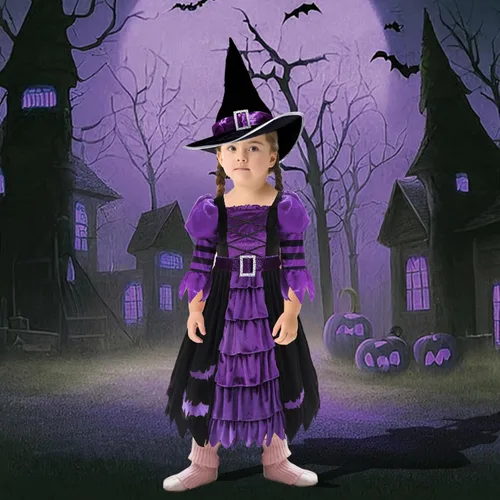 Vista 4 de Kitimi Carnival Costume for Girls, Girls Witch Costume, Kids Toddler Halloween Costume, Kids Girls Witch Costume for Party
