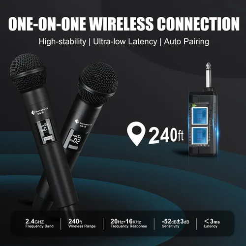 Vista 4 de Micrófono inalámbrico - Micrófono de karaoke para cantar - Micrófonos de mano dinámicos dobles recargables con receptor - Micrófono inalámbrico