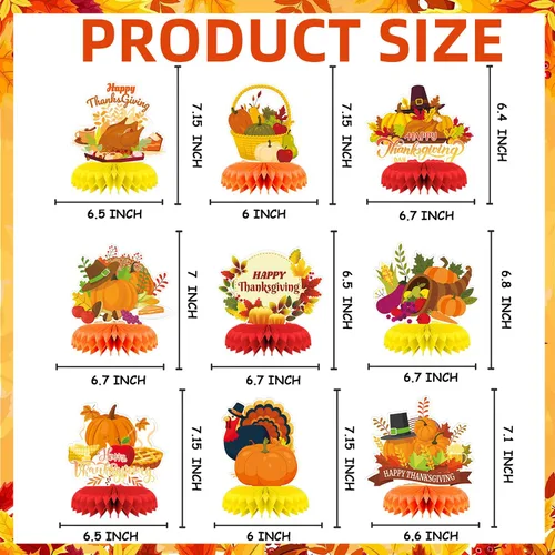 Vista 2 de Centro de mesa de Acción de Gracias, 9 piezas, decoración de mesa de otoño, calabaza, pavo, panal, Acción de Gracias, centro de mesa para decoración