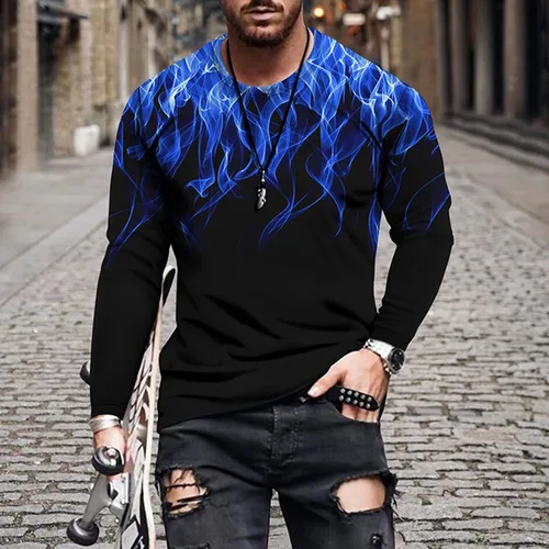 Vista 2 de Camiseta de mezcla de algodón para hombre con estampado 3D de llama de manga larga, camiseta de moda negra