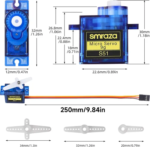 Vista 7 de Smraza 4 piezas SG90 9G Micro Servo Kit (engranaje metálico) para proyectos Arduino, robot RC, brazo de robot, helicóptero, control de avión, coche