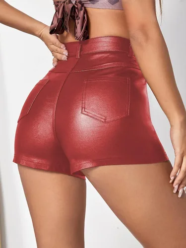 Vista 2 de MakeMeChic Pantalones cortos de mezclilla ajustados elásticos con aspecto de cuero de cintura alta para mujer