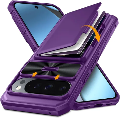 Vista 11 de CENMASO - Funda para Google Pixel 9 Pro XL con tarjetero (4 tarjetas), funda deslizante para cámara y función atril, bloqueo RFID, protección