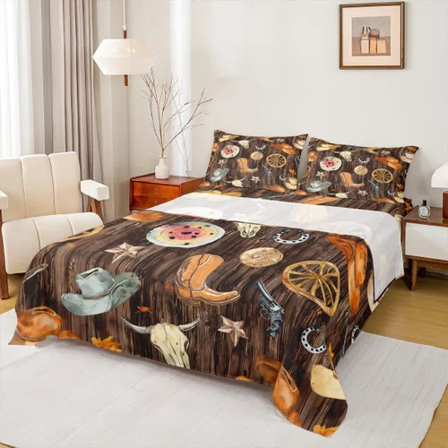 Vista 12 de Western Cowboy - Juego de sábanas para niños, tamaño individual, juego de ropa de cama rústica de herraduras, cactus y herraduras, decoración