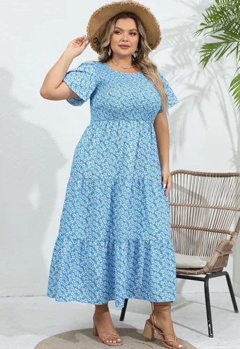 Vista 4 de Vestido largo escalonado fruncido para mujer, talla grande, con bolsillos, elegante, manga corta, cuello redondo, floral, bohemio, vestido bohemio