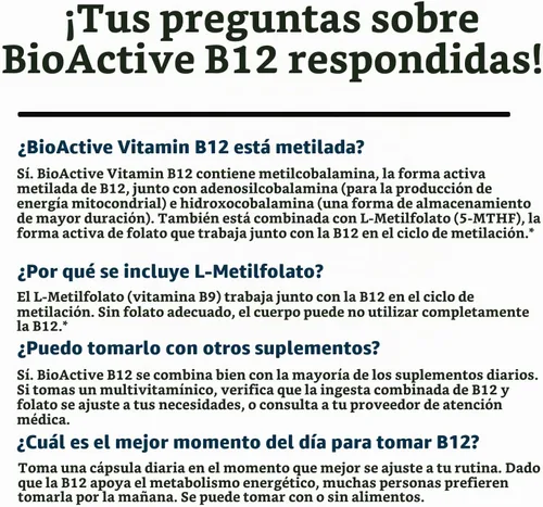 Vista 8 de Vitamina B12 BioActiva - 5000 mcg, Contiene 3 Formas BioActivas B12 Plus Cofactor Metilfolato - Metil B12, Adenosil B12 y Hidroxi B12 Apoya
