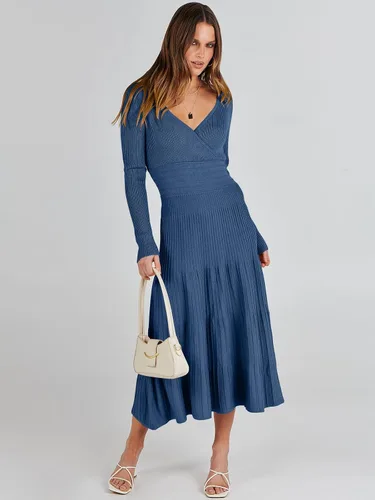 Vista 3 de ANRABESS Vestido midi cruzado tipo suéter para mujer, manga larga, cuello en V, cintura alta, acanalado, plisado, vestido acampanado