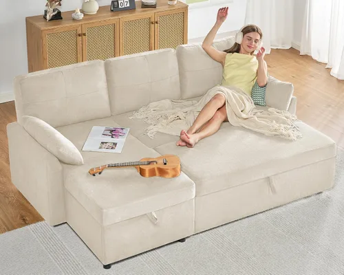 Vista 7 de AMERLIFE Sofá cama, sofá cama 2 en 1 con diván de almacenamiento, sofá extraíble para sala de estar de apartamento, color beige lino