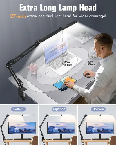 Vista 2 de Toolour Lámparas LED de escritorio para oficina en casa 2 en 1 lámpara de escritorio de doble cabezal con base de abrazadera, control remoto, clip