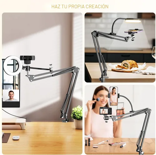 Vista 2 de Soporte de cámara superior con anillo de luz, brazo flexible articulado para teléfono compatible con iPhone, webcam Logitech, trípode de escritorio