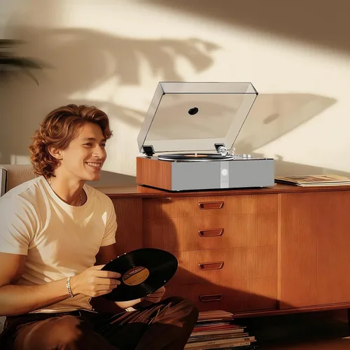 Vista 8 de 1 BY ONE Tocadiscos totalmente automático, tocadiscos de vinilo todo en uno con función de repetición automática, control remoto, altavoces