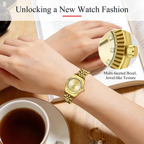 Vista 3 de Juego de reloj de oro para mujer, chapado en oro de 18 quilates, brazalete brazalete anillo para mujer, delicado reloj analógico impermeable