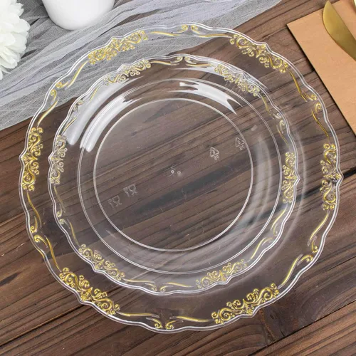Vista 16 de Efavormart - Paquete de 10 platos desechables de 7 pulgadas transparentes con borde vintage burdeos, elegantes platos de postre de plástico