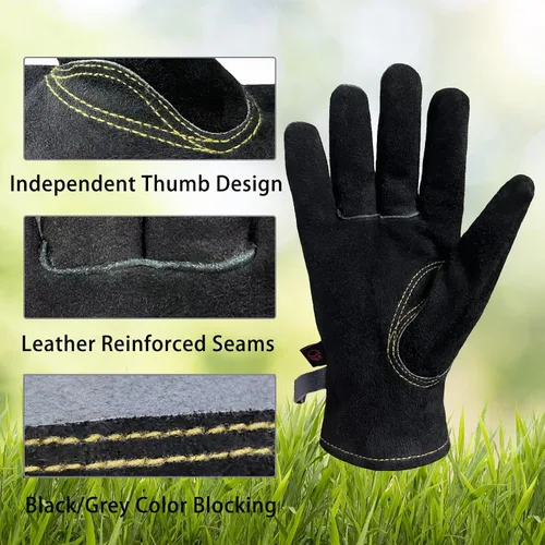 Vista 3 de Guantes de cuero para jardinería para hombres, guantes de trabajo para soldadura, construcción, motosierra, granja, rancho, patio