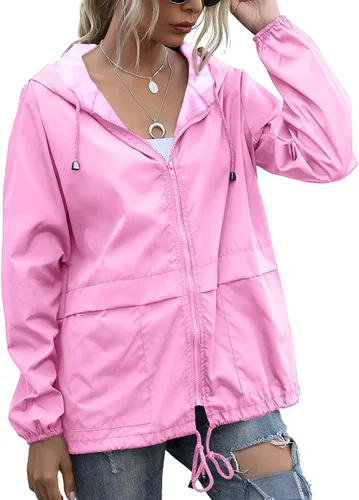 Vista 31 de PESION Chaqueta impermeable ligera para mujer, rompevientos con capucha y bolsillo para exteriores Verde militar