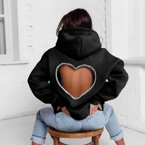 Vista 2 de Sudaderas con capucha para mujer, con diseño de diamantes y dulce amor, sin espalda, de gran tamaño, casual, holgada