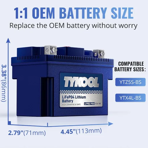 Vista 2 de TYKOOL YTZ5S - Batería de litio para motocicleta, 12,8 V, 3 Ah, 180 CCA LiFePO4, batería para deportes de motor para ATV, UTV, motos de nieve, moto