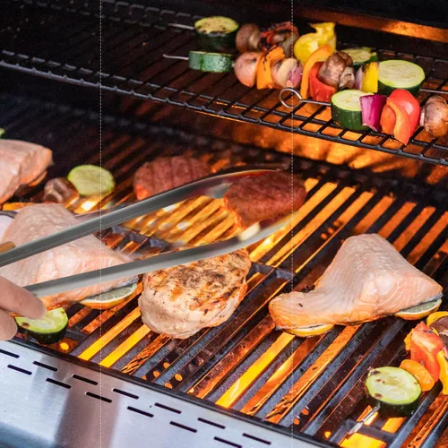 Vista 6 de XUDAKAIXIN Pinzas para barbacoa de acero inoxidable de 18 pulgadas de largo con mango de acacia de lujo extendido, herramienta de parrilla duradera