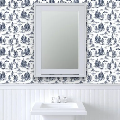Vista 9 de Despegar y pegar papel pintado Swatch - UFO Toile Alien pequeña escala azul blanco espacio caprichoso papel pintado personalizado extraíble por