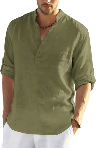 Vista 14 de COOFANDY Camiseta Henley de algodón y lino para hombre, de manga larga, estilo hippie, casual, playera