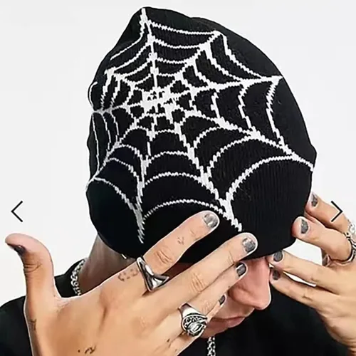 Vista 6 de PUCAPOCO Gorros de araña Y2k para mujeres y hombres, gorro tejido de telaraña