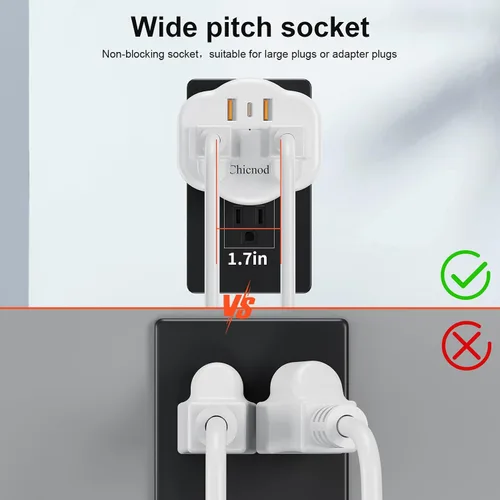 Vista 6 de Extensor de toma de pared 5 en 1 con USB y tipo C, protector de sobretensiones, 2 salidas de CA, 1050J ignífugo, certificado ETL/FCC, compacto
