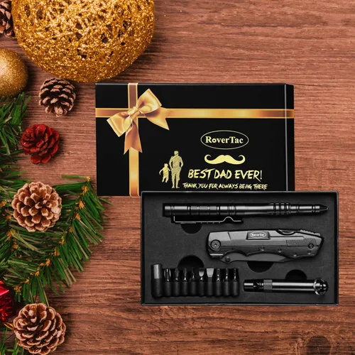 Vista 2 de RoverTac Juego de herramientas multiherramienta para regalo de papá, cuchillo multiherramienta 15 en 1, bolígrafo táctico, silbato en una caja