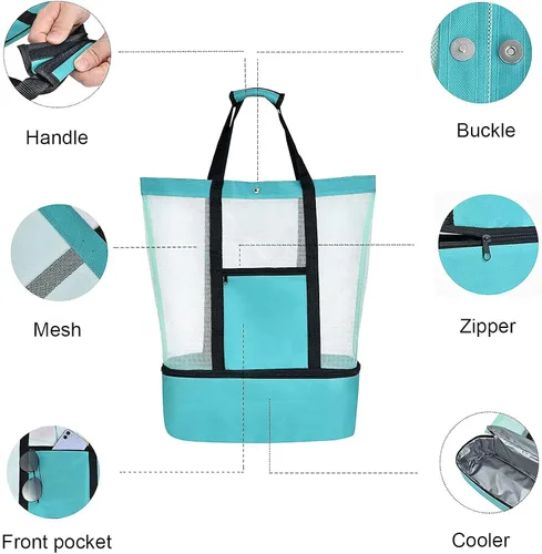 Vista 2 de Beach Bag with Cooler, Mesh Beach Tote with Undetachable Insulated Cooler and Pocket for Towels