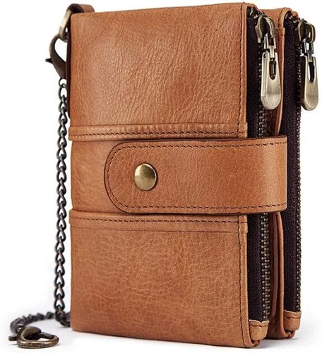 Vista 17 de boshiho Carteras de cuero auténtico con bloqueo RFID para hombre, billetera de doble pliegue con bolsillo para monedas con cremallera, con cadena