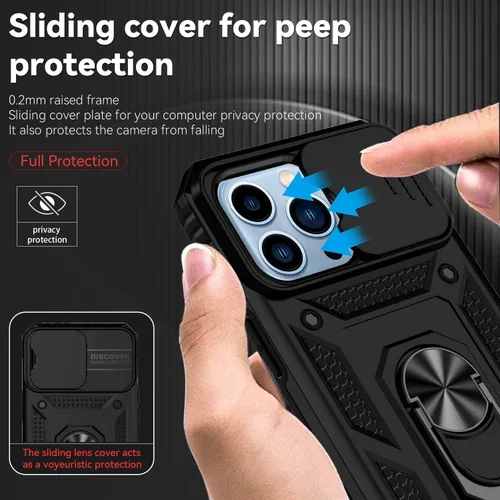 Vista 4 de Funda para iPhone 13 Pro, con cubierta para lente de cámara, protector de pantalla HD, [grado militar] anillo de montaje en coche con soporte Negro