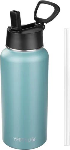 Vista 28 de Botella de agua aislada con popote, botella de agua deportiva de acero inoxidable aislada al vacío de 32 onzas, mantiene el frío y el calor, botella