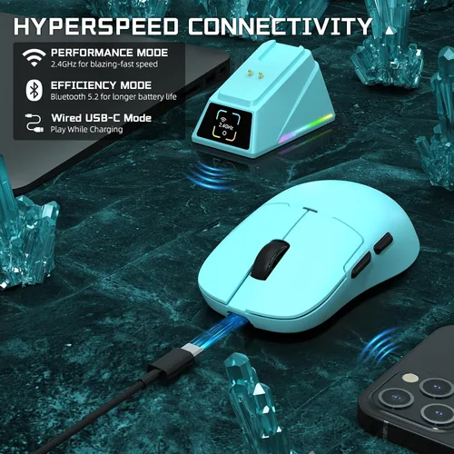 Vista 5 de AJAZZ AJ159 APEX - Mouse inalámbrico para juegos con base de carga magnética, mouse ligero BT/2.4G/USB-C con cable, sensor óptico PAW3950APEX 42K